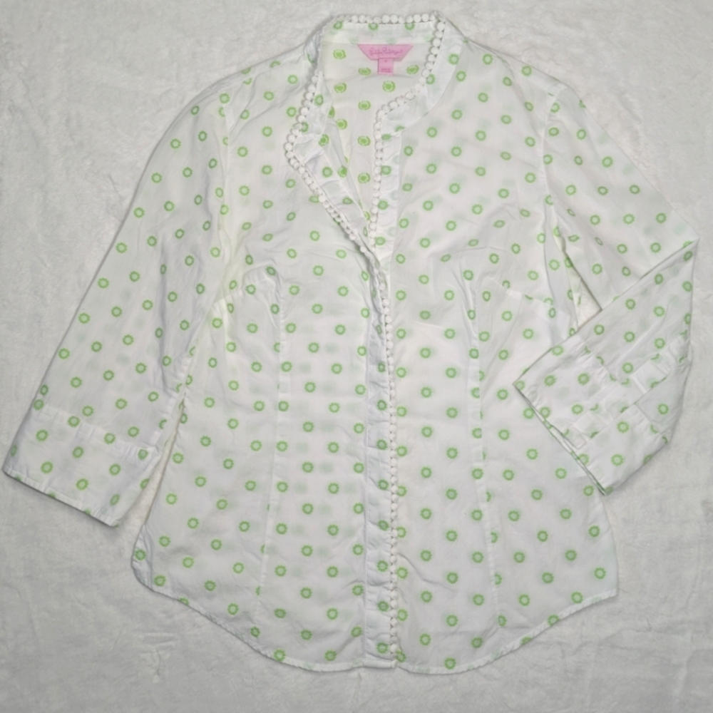 Lily Pulitzer Small 0 White 3/4 Sleeve Embroidered White Green Floral Lace Trim